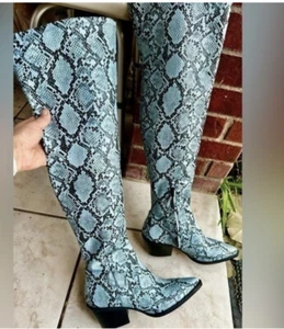 Gianni Bini Alyiraa Snake Print Stretch Over-The-Knee Block Heel Boots - Picture 1 of 7