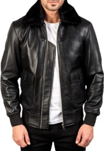 Men's Navy Black Leather Bomber Jacket Fur Collar Classic Flight Style - Picture 1 of 6