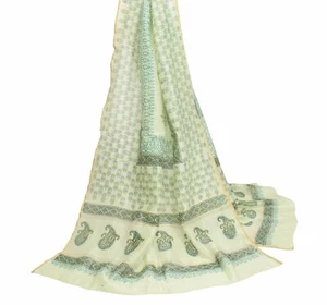 Sushila Vintage Light Green Cotton Dupatta Hand Block printed Floral Long Stole - Picture 1 of 9