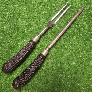 Juego de tallado de cuerno de baquelita vintage negro 2 piezas horquilla MCM y afilador de acero usado en excelente estado - Imagen 1 de 5