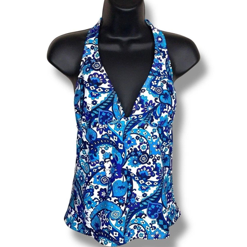 Camiseta sin mangas mediana antigua azul marino blanca escote profundo halter corbata cachemira boho Foto 1 de 4