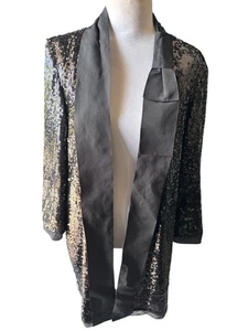 Long Black Sequin Whimsigoth Glam Rock Y2K Open Cardigan Blazer Coverup Sz 44 - Picture 1 of 13
