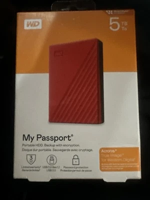 WD Portable Hard Drive, 5TB USB3.0, Red, My Passport Encryption, Password - Image 1 of 4