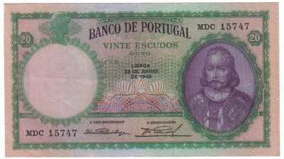 PORTUGAL 20 ESCUDOS 1949 PICK 153 A AU  - Image 1 of 2