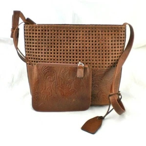 CEM Leather Botanical Embossed Cross Body Shoulder Bag w Change Purse  - Picture 1 of 6