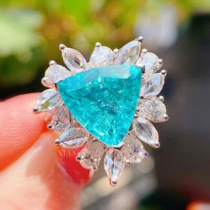 New Triangle Shape Neon Blue Tourmaline & White Crystal Silver Women Girl Rings - Picture 1 of 6