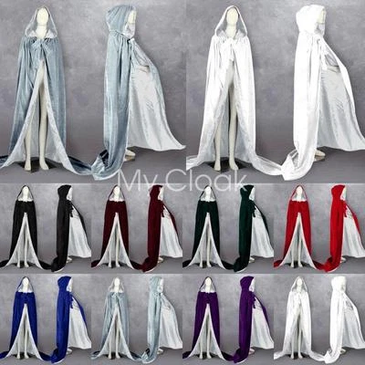 White Silk Medieval Wedding Cape Halloween Velvet Hood Cloak Wicca Stock S-6XL - Image 1 of 4