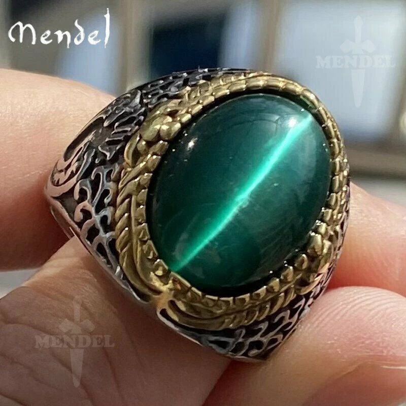 Anillo de piedra ojo de gato verde creado en laboratorio MENDEL para hombre de acero inoxidable talla 7-15 Foto 1 de 4