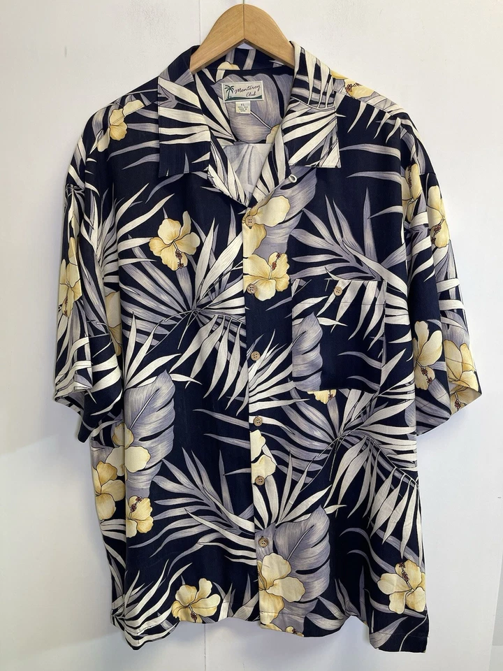 Camisa de campamento hawaiana Monterey Club para hombre XL azul manga corta seda hibisco Foto 1 de 4