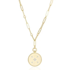 .28ct Moissanite 14K YG Vermeil Circle Pendant Paperclip Link Chain Gift - Picture 1 of 10