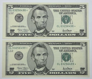 Consec Pair Series 2001*STAR $5 Federal Reserve Notes Choice/Gem CU Fr#1989-L* - Picture 1 of 4