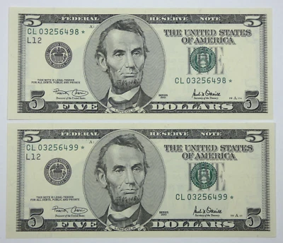 Consec Pair Series 2001*STAR $5 Federal Reserve Notes Choice/Gem CU Fr#1989-L* - Image 1 of 4