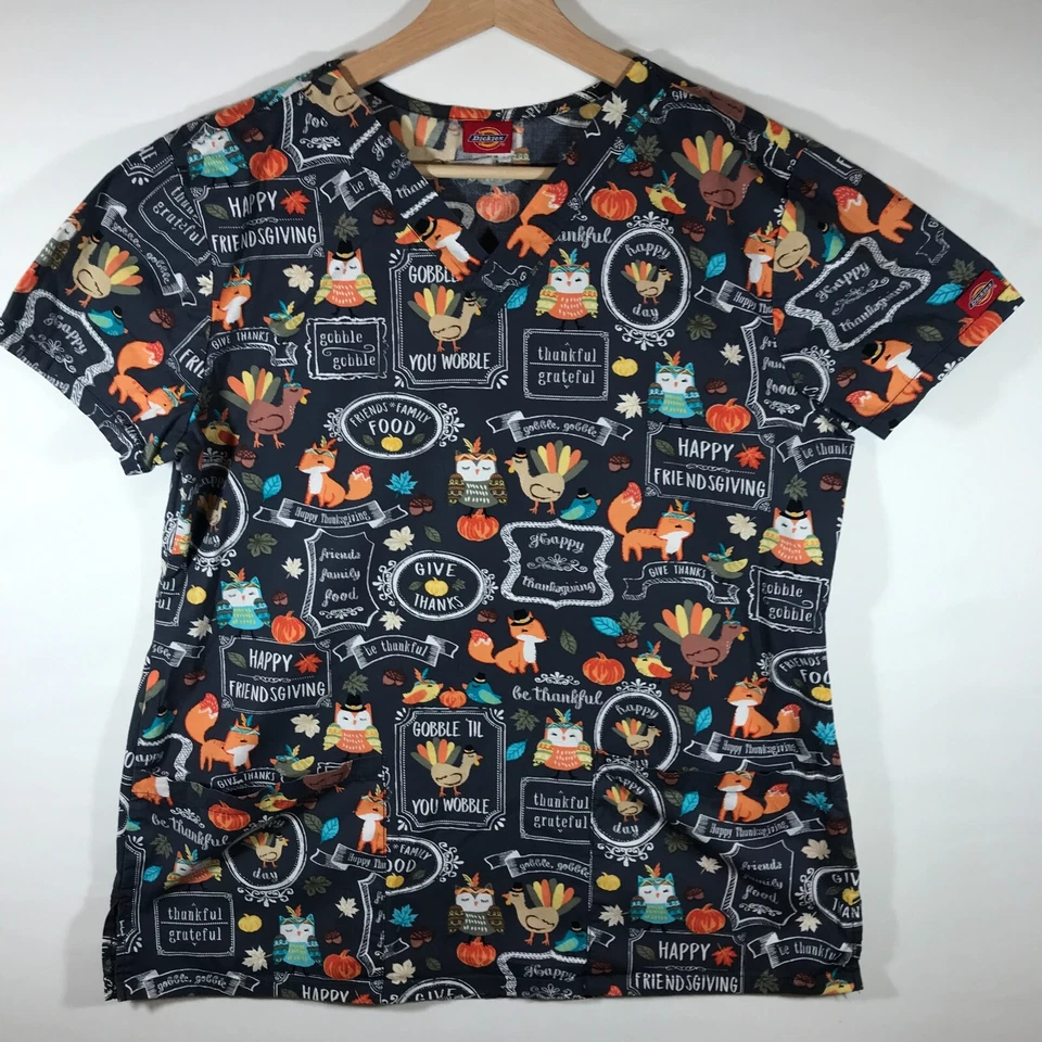 Dickies Women's Small Gray Thanksgiving Theme Short Sleeve V-Neck Scrub Top - Image 1 of 4