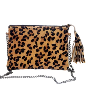 Leopard Print Hair on Hide Leather Small Crossbody Bag with Chain - Picture 1 of 10