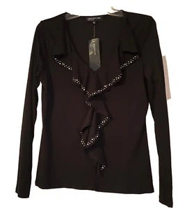 Jones New York Blouse women Sz M Black L-Sleeve Rhinestone Ruffle front Pullover - Picture 1 of 7