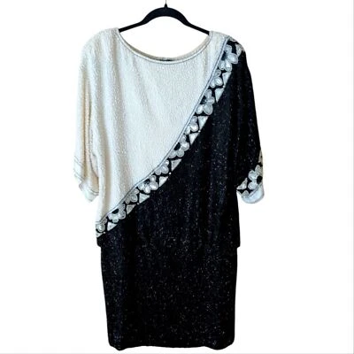 Vintage Bob Mackie Beaded Sequin Silk Rare Black White Drop Waist Dress Size 10 - Image 1 of 4