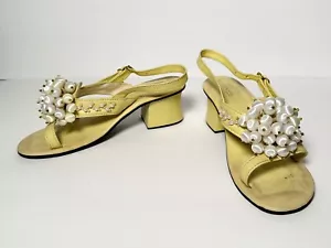 Vintage 1960s 1970s Vagabonds Pearl Beaded Satin Ball Sandal Heel Shoes Yellow 7 - Picture 1 of 22