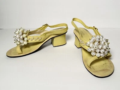 Vintage 1960s 1970s Vagabonds Pearl Beaded Satin Ball Sandal Heel Shoes Yellow 7 - Image 1 of 4