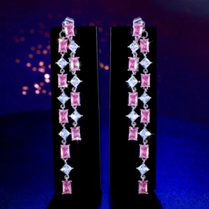 Pendientes colgantes extra largos con borla baguette rombo circonita rosa para mujer fiesta - Imagen 1 de 8