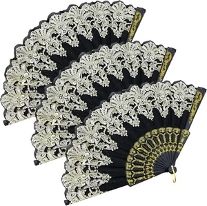 3pcs Spanisch Stil Hochzeit Spitze Seide Falten Hand Held Blume Fan,Schwarz - Bild 1 von 8