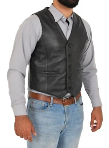 Mens Full Black Leather Waistcoat Traditional Smart Gilet Short Sleeveless Vest - Picture 1 of 6