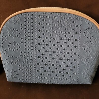 Ulta Denim Blue Eyelet Lace Large Makeup Bag Zip Cosmetics Bag Toiletry Tan Trim - Изображение 1 из 2