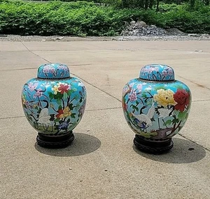 Paar 2 große blaue Blumen Vögel Cloisonne Ingwer Glas Holz Ständer Mitte 20. Jahrhundert - Bild 1 von 16