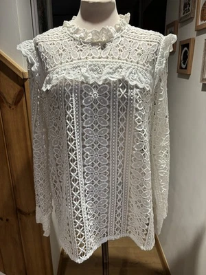 Top Monzón Marfil/Blanco Floral Manga Larga Encaje Crochet Volantes Reino Unido 18 Look Vintage Foto 1 de 4