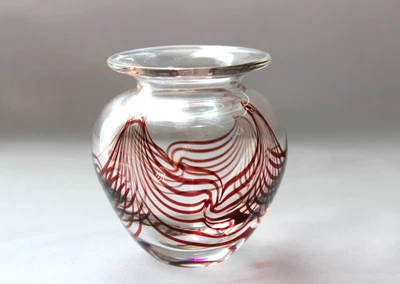 Vintage Studio Art Glass Pulled Feather Vase Clear red TH Signed dated 2003 - Image 1 of 4