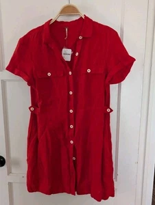 Free People Italian Love Story Kleid Buttondown Kragen Mini Leinen M rot - Bild 1 von 4