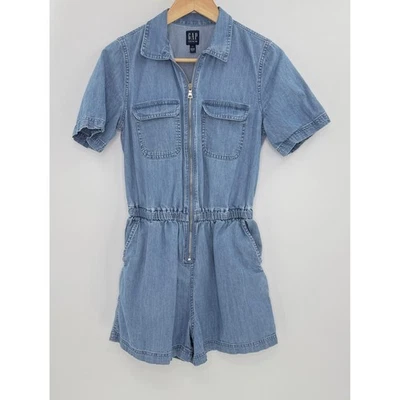 GAP Denim Romper Blue Short Sleeve Full Zip Utility 100% Cotton Jumpsuit XS Boho - Image 1 of 4