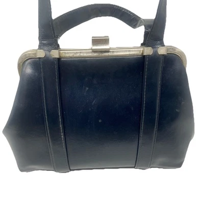 Vintage Navy Blue Faux Leather Frame Bag Top Silver Handle Clasp Retro Purse - Image 1 of 4