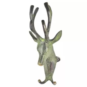 Antique Patina Look Brass Deer Head with Antlers Two Hooks Clothes Hat Hanger - Picture 1 of 2