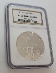 2005-P NGC PF69 ULTRA CAMEO - Marine Corps Silver Dollar 90% Silver - Picture 1 of 7