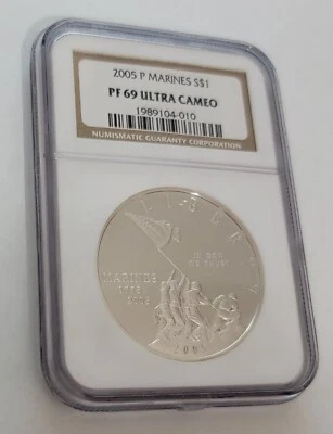 2005-P NGC PF69 ULTRA  CAMEO - Marine Corps Silver Dollar 90% Silver - Image 1 of 4