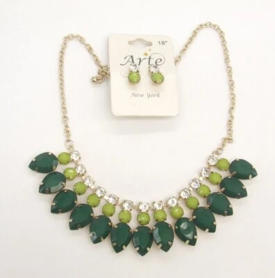 18" ARTE Avocado & Forest Green Cabochon Bib Chain Choker Necklace/Stud Earrings - Image 1 of 3