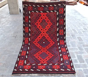 Alfombra tejida a mano afgana Maimana Área Kilim 4x7 pies roja geométrica alfombra persa vintage - Imagen 1 de 11