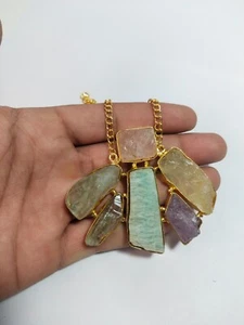 Natural Multi Color Stone Rough Gold Pelted Necklace with stud Gifts For Woman - Picture 1 of 5