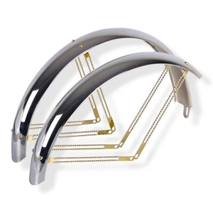 OG LOWRIDER 26" CLASSIC ADJUSTABLE CHROME FENDERS W/ GOLD DOUBLE TWISTED BRACES - Picture 1 of 1
