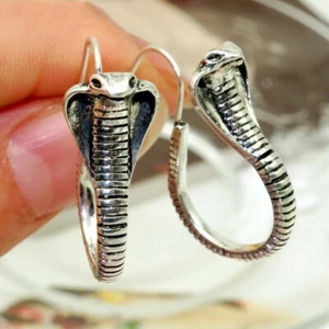 Elegant Silver King Cobra Snake Earrings, Fashion Jewelry Charm Hook Earrings - Picture 1 of 12