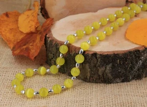 Collana occhio di gatto vetro giallo 10 mm distanziali argento tibetano 22"+2 - Foto 1 di 3