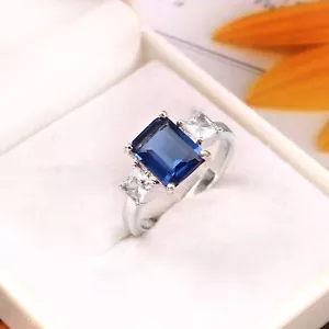 Solid 925 Sterling Silver Blue Sapphire Ring Emerald Cut Gemstone September. - Picture 1 of 3