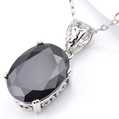 Collar colgantes mujer forma ovalada gemas de ónix negro plata con cadena gratis Foto 1 de 4