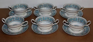 6 zuppe e piattini Wedgwood Bone China England turchese fiorentino W2714 crema - Foto 1 di 5