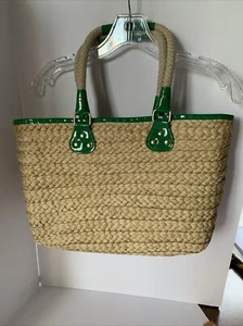 Summer/Boho Wicker/Straw/Rattan Woven Tote Bag 13x10x5 NWT Linen Lined Green Hnd - Picture 1 of 8