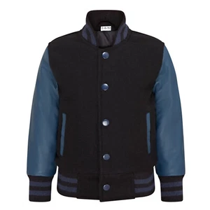 Niños Lana Universitaria Negro Bomber Chaqueta Con Cuero Auténtico Mangas 3-13 - Imagen 1 de 9