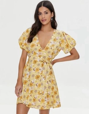 Butter Yellow Sunflower Floral Mini Wrap Dress Puff Sleeve Sz S Garden Party - Image 1 of 4