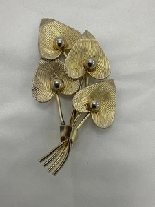 Gold Tone Textured Leaf Bouquet Brooch Pin Floral Retro Costume Jewelry Unsigned - Picture 1 of 6