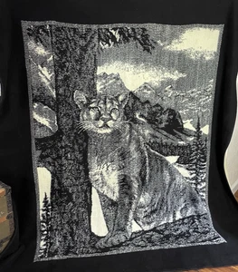 Vintage San Marcos Blanket Black Ivory Mountain Lion Trees Nature 96”x 88” - Picture 1 of 8