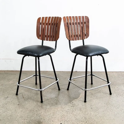 Mid Century Modern Bar Stools Set 2 Black Swivel Wood American Vintage Umanoff - Image 1 of 4